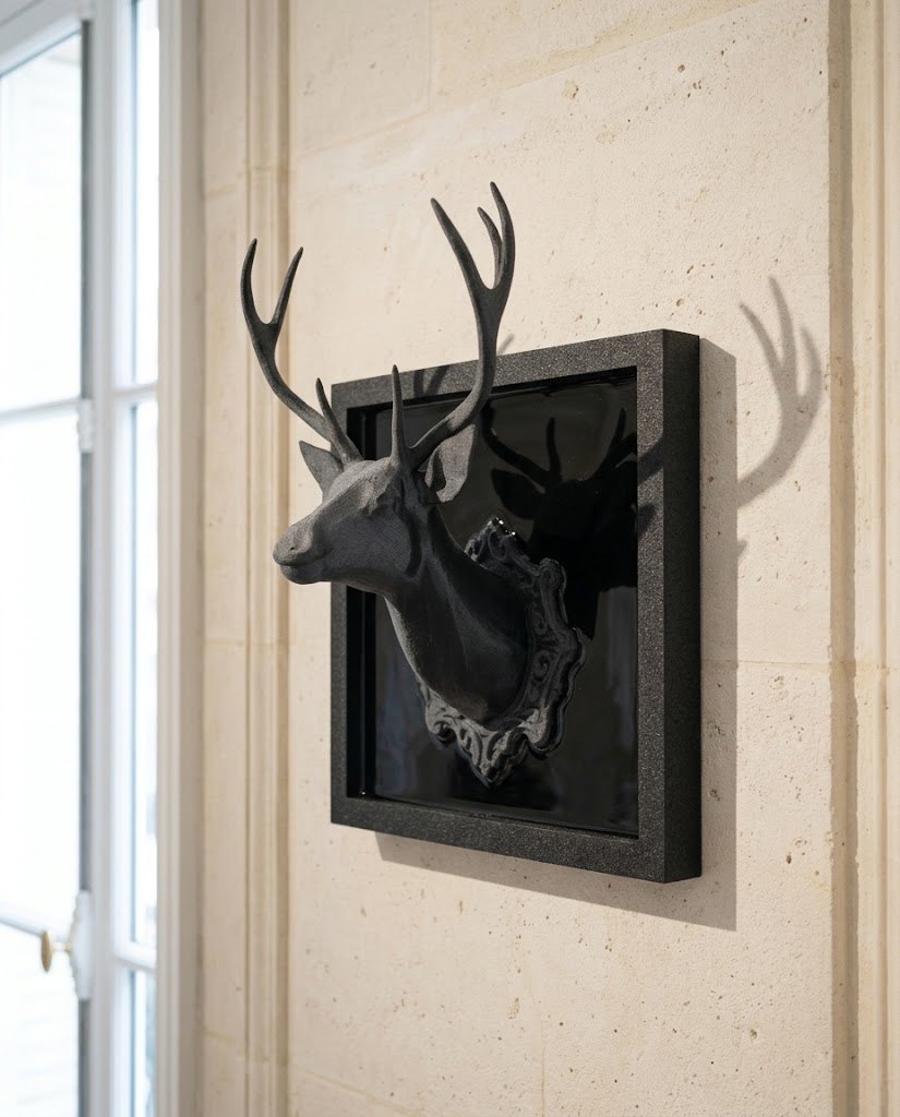 The Stag on a limestone wall, close view, daylight from a tall window