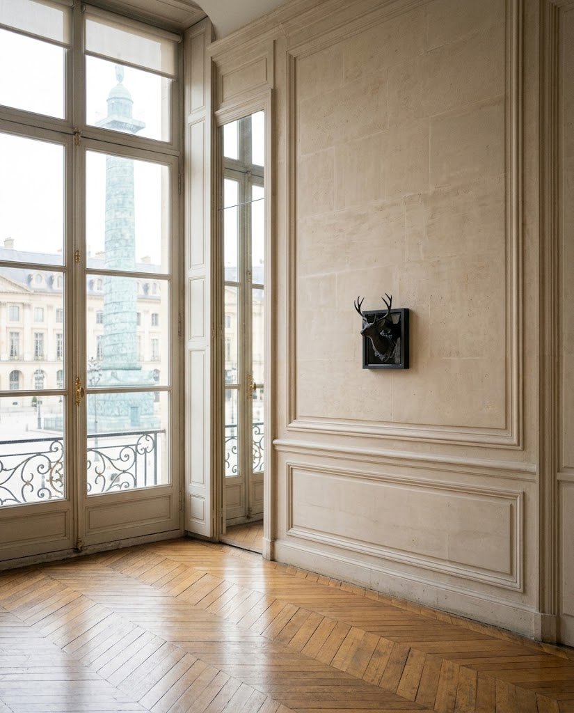 The Stag alone on a limestone wall in a gallery overlooking Place Vendôme, Paris